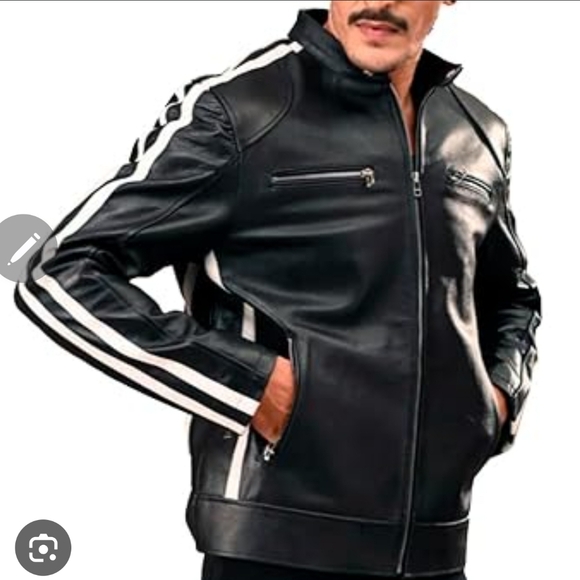 Men's Black Leather Bomber Jacket with White Accents - Picture 1 of 3